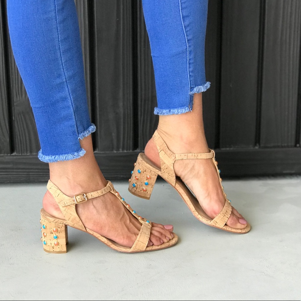 Embellished Natural Cork Low Block Heel Sandal - Picture 5 of 8
